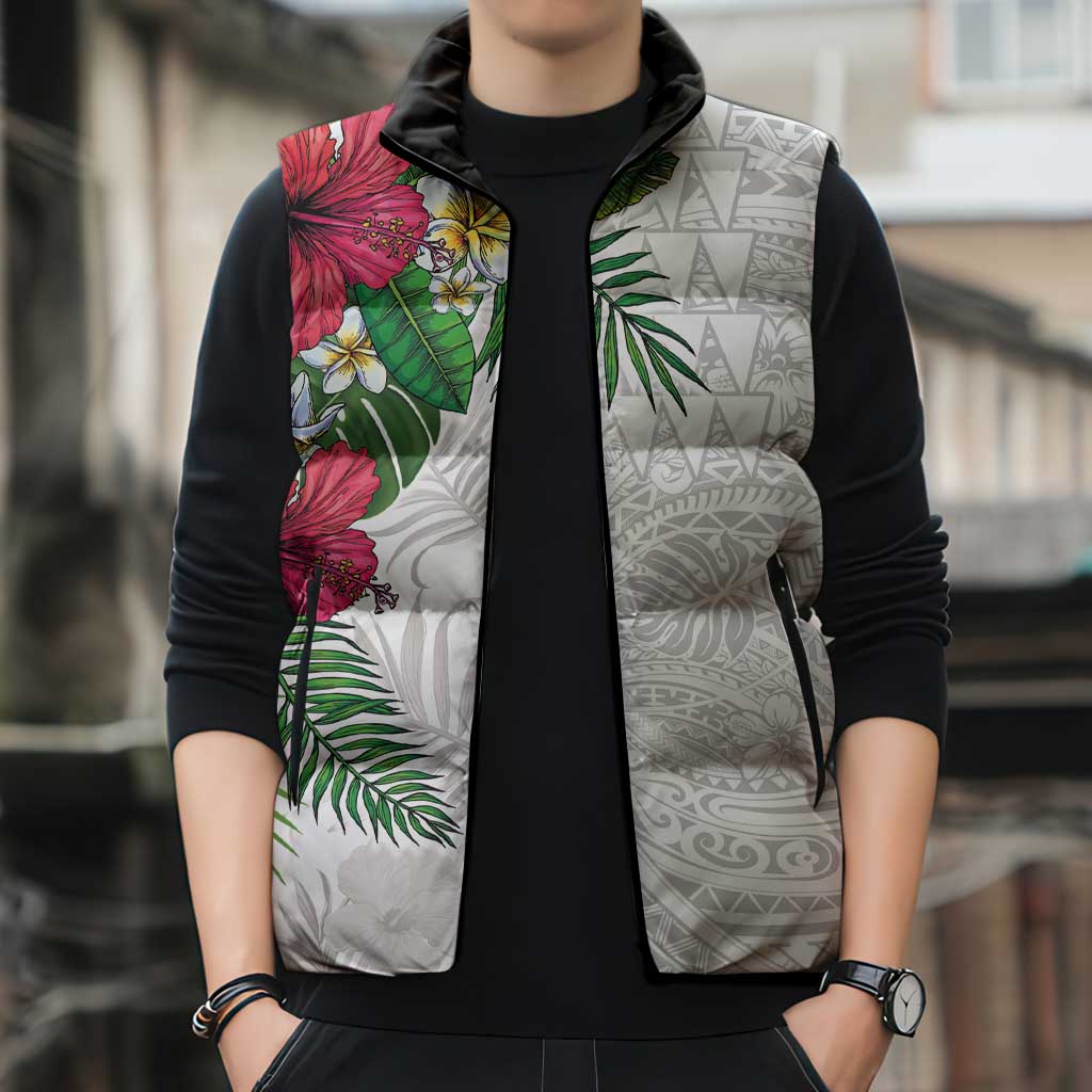 Hawaiian Tropical Plants Sleeveless Puffer Jacket Kakau Tattoo and Polynesian Pattern Half White Color LT03 - Polynesian Pride