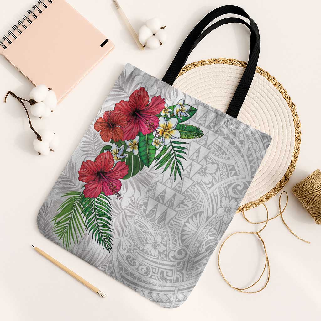 Hawaiian Tropical Plants Tote Bag Kakau Tattoo and Polynesian Pattern Half White Color LT03 Black Strap One Size White - Polynesian Pride