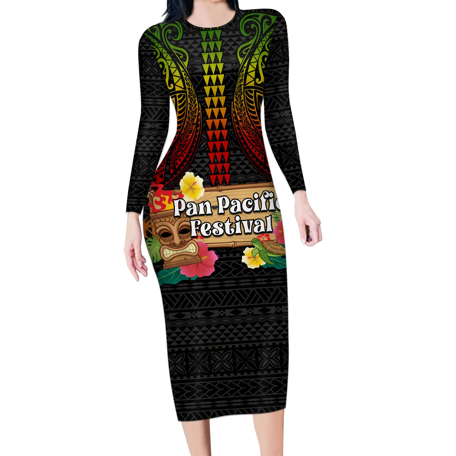Hawaiian Elements and Polynesian Tattoo Long Sleeve Bodycon Dress LT03 Long Dress Black - Polynesian Pride