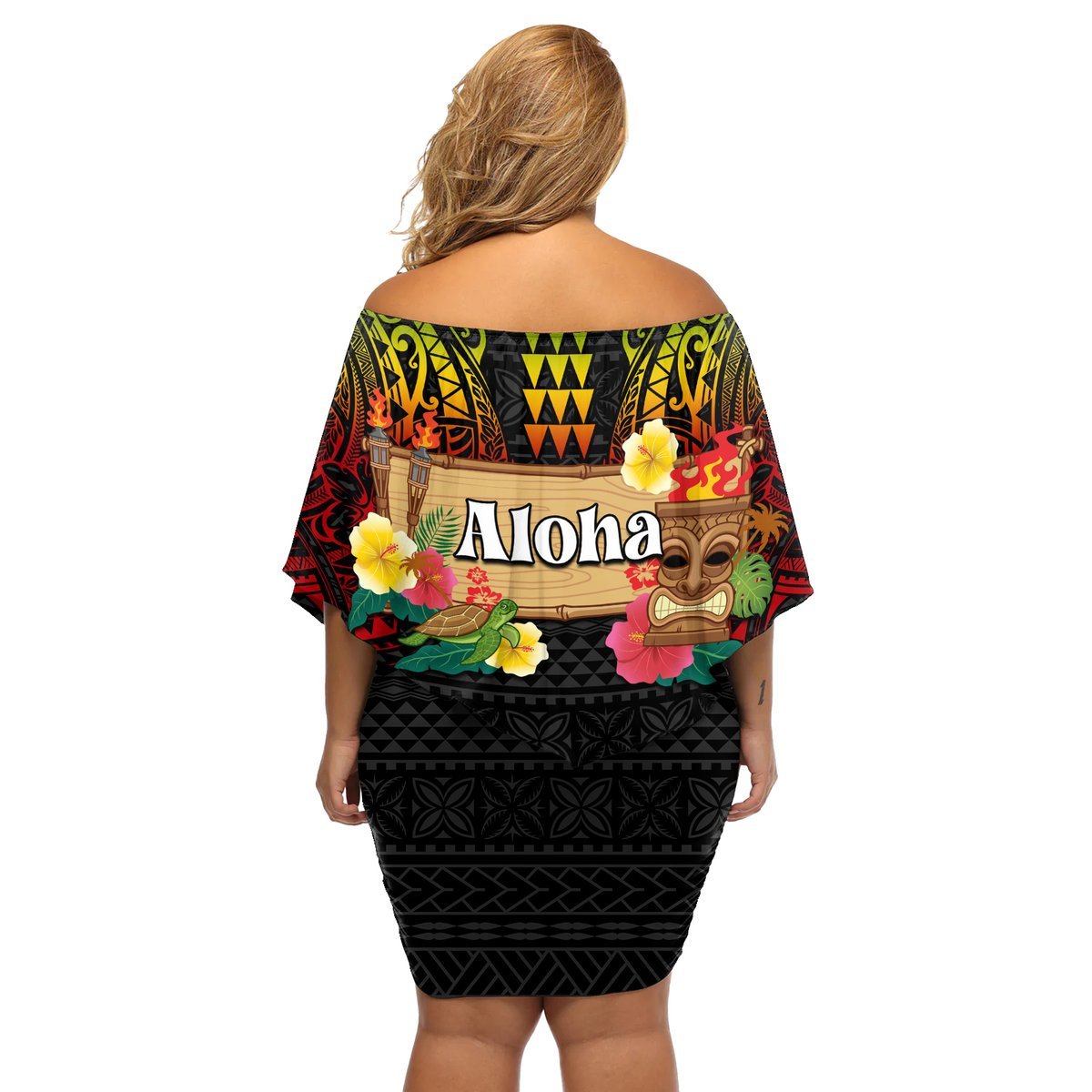 Hawaiian Elements and Polynesian Tattoo Off Shoulder Short Dress LT03 - Polynesian Pride