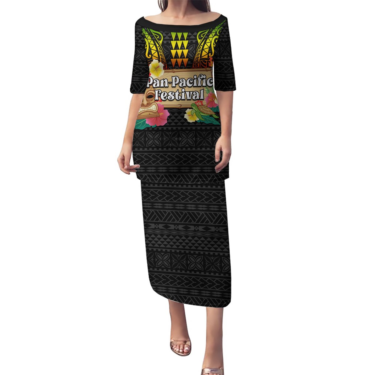 Hawaiian Elements and Polynesian Tattoo Puletasi LT03 Long Dress Black - Polynesian Pride