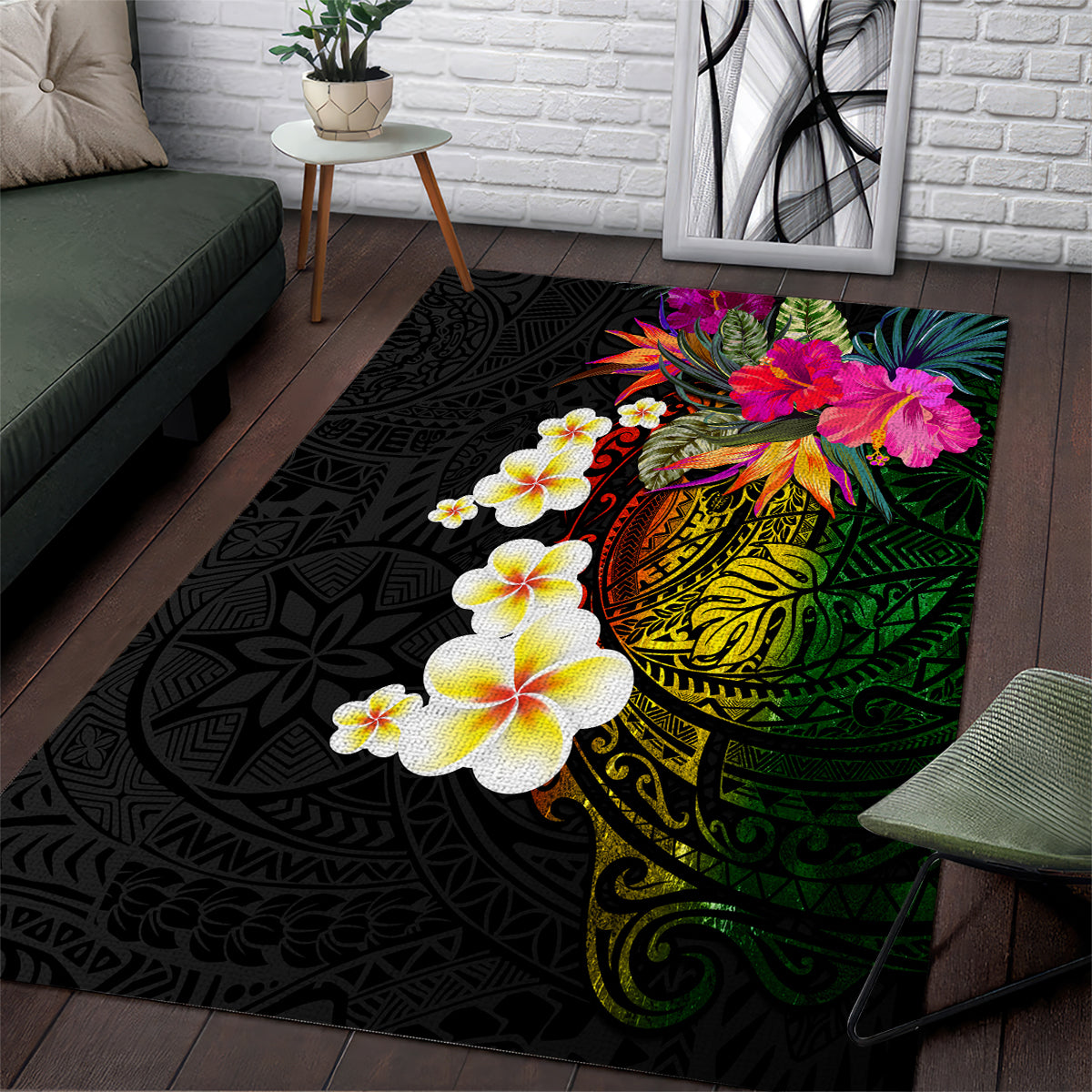 Hawaii Plumeria Area Rug Polynesian Tattoo and Hibiscus LT03 Black - Polynesian Pride