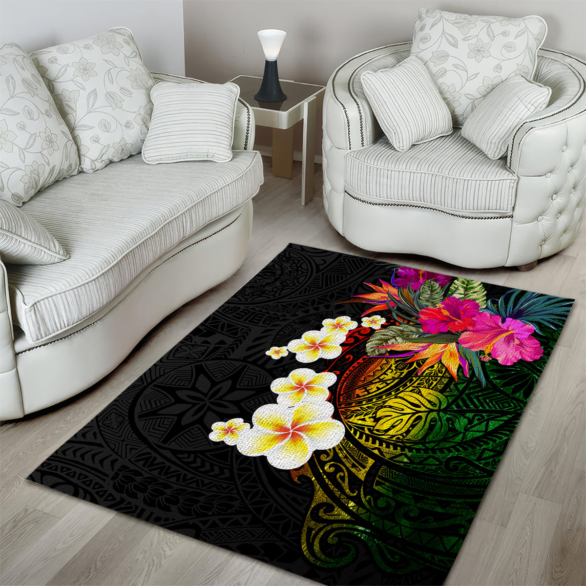 Hawaii Plumeria Area Rug Polynesian Tattoo and Hibiscus LT03 - Polynesian Pride