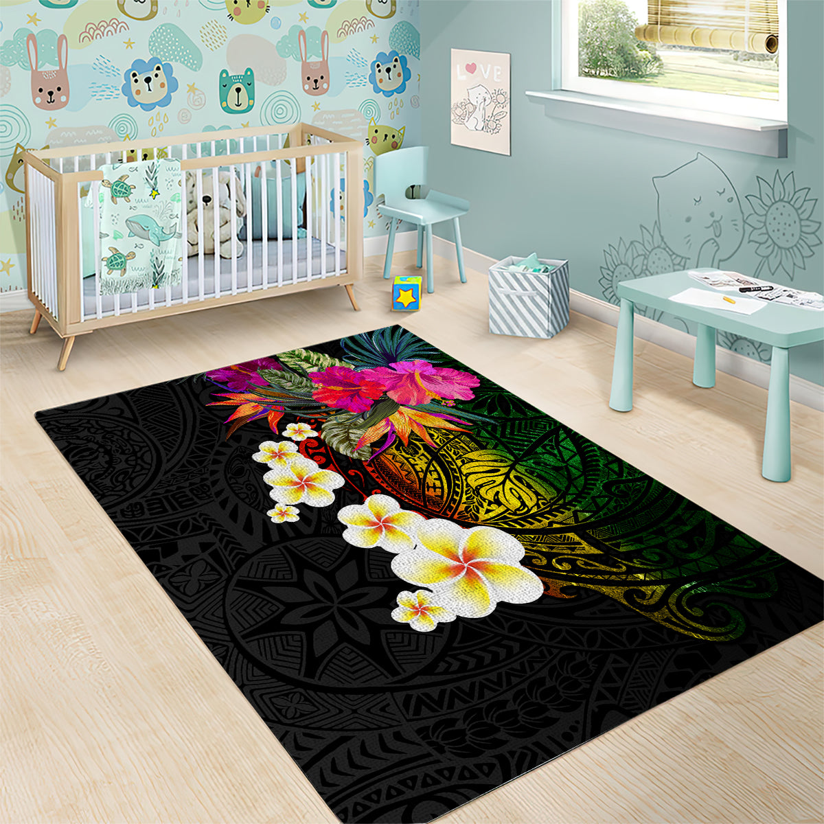 Hawaii Plumeria Area Rug Polynesian Tattoo and Hibiscus LT03 - Polynesian Pride