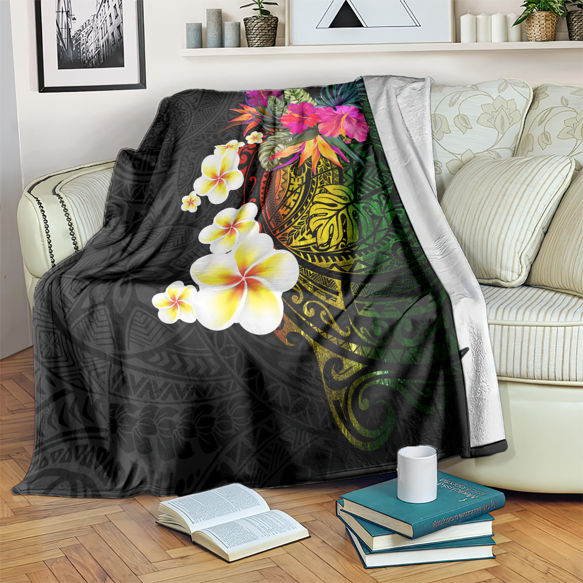Hawaii Plumeria Blanket Polynesian Tattoo and Hibiscus LT03 Black - Polynesian Pride