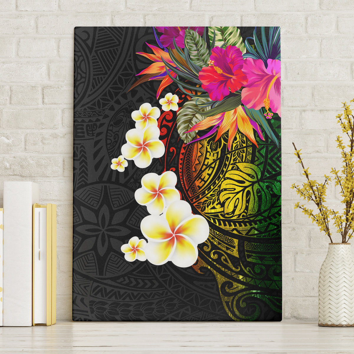 Hawaii Plumeria Canvas Wall Art Polynesian Tattoo and Hibiscus LT03 Without Frame Black - Polynesian Pride