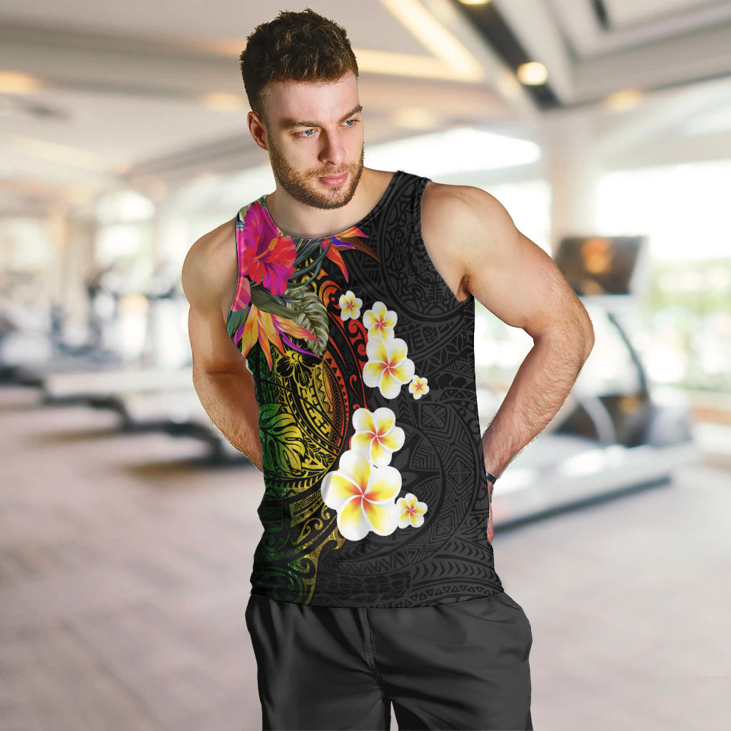 Hawaii Plumeria Men Tank Top Polynesian Tattoo and Hibiscus LT03 Black - Polynesian Pride