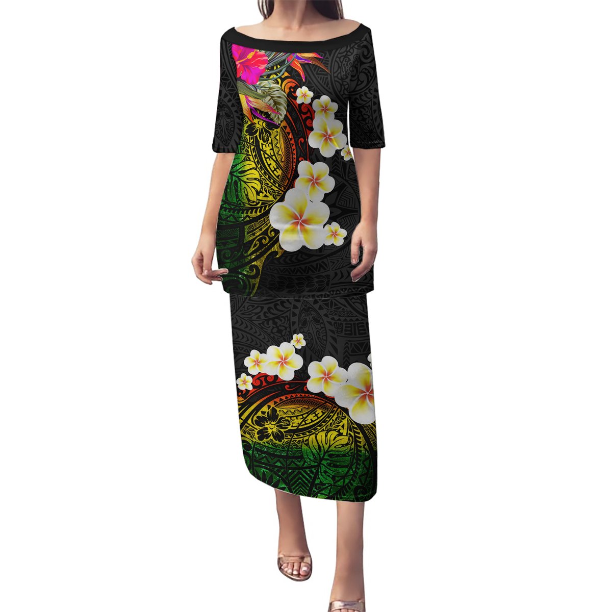 Hawaii Plumeria Puletasi Polynesian Tattoo and Hibiscus LT03 Long Dress Black - Polynesian Pride