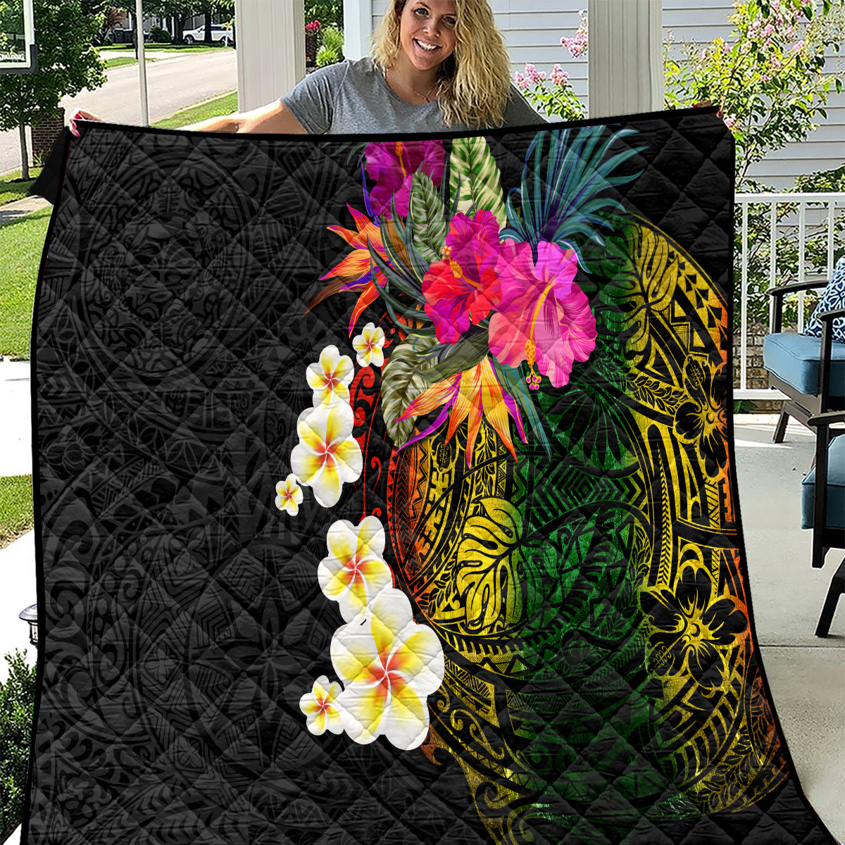 Hawaii Plumeria Quilt Polynesian Tattoo and Hibiscus