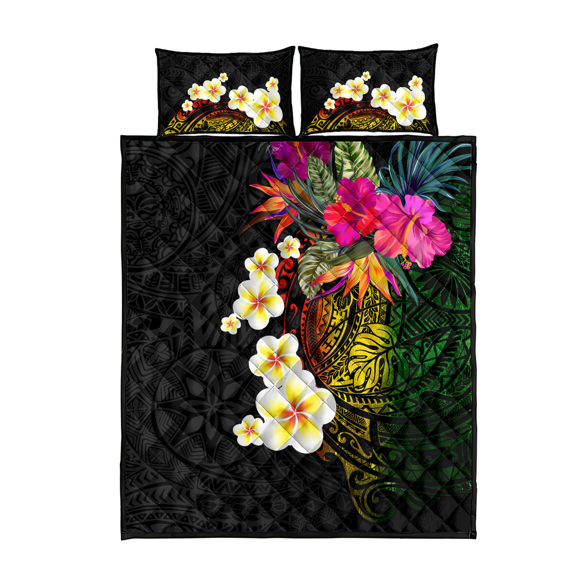 Hawaii Plumeria Quilt Bed Set Polynesian Tattoo and Hibiscus LT03 - Polynesian Pride