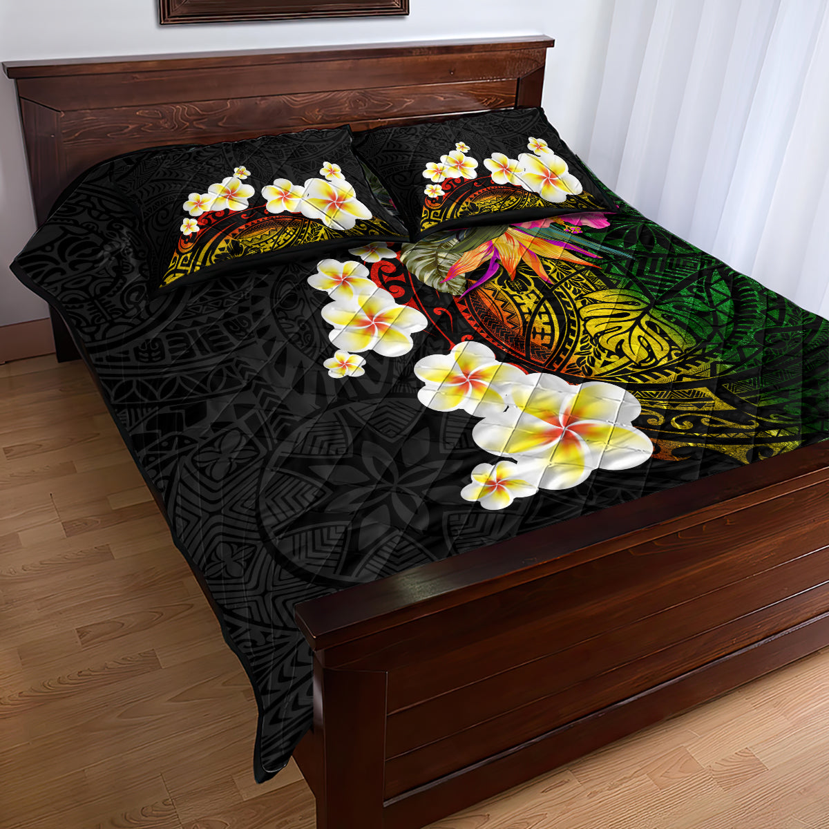 Hawaii Plumeria Quilt Bed Set Polynesian Tattoo and Hibiscus LT03 - Polynesian Pride