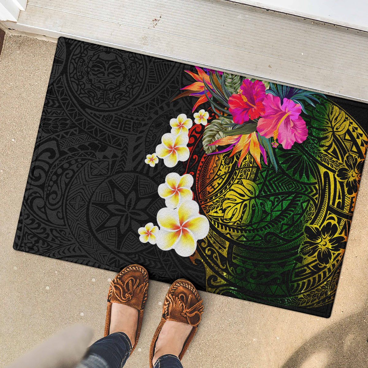 Hawaii Plumeria Rubber Doormat Polynesian Tattoo and Hibiscus LT03 - Polynesian Pride
