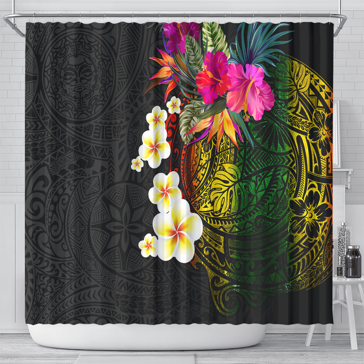Hawaii Plumeria Shower Curtain Polynesian Tattoo and Hibiscus LT03 - Polynesian Pride