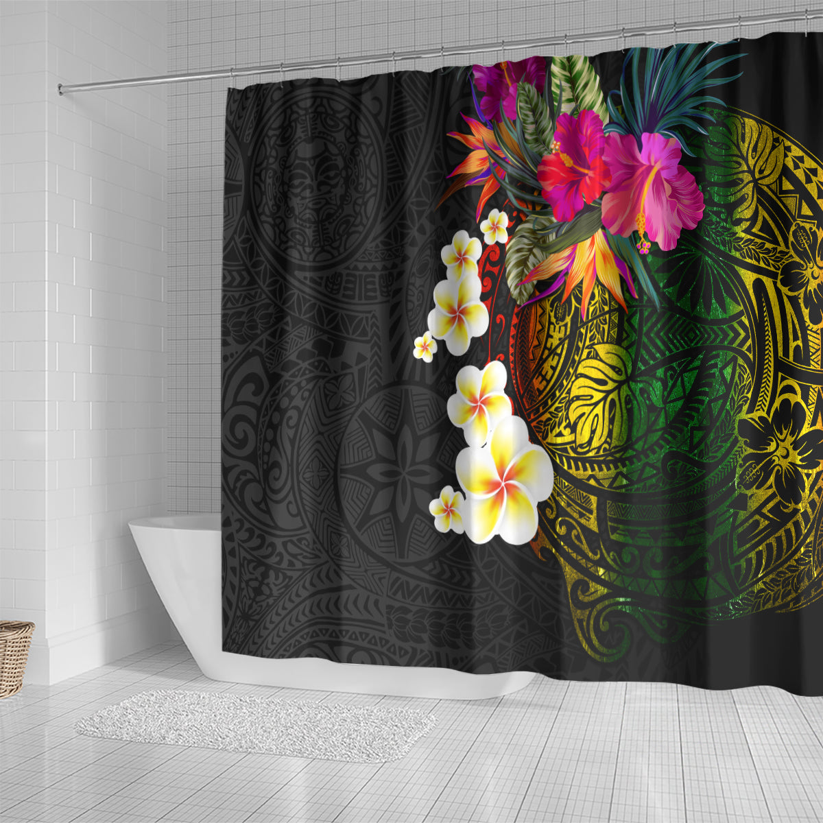 Hawaii Plumeria Shower Curtain Polynesian Tattoo and Hibiscus LT03 - Polynesian Pride