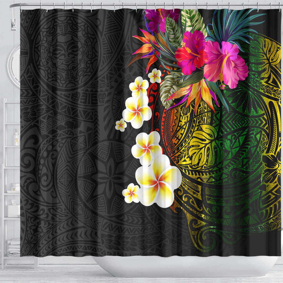 Hawaii Plumeria Shower Curtain Polynesian Tattoo and Hibiscus LT03 - Polynesian Pride