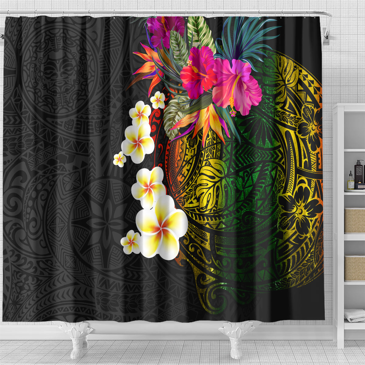 Hawaii Plumeria Shower Curtain Polynesian Tattoo and Hibiscus LT03 - Polynesian Pride