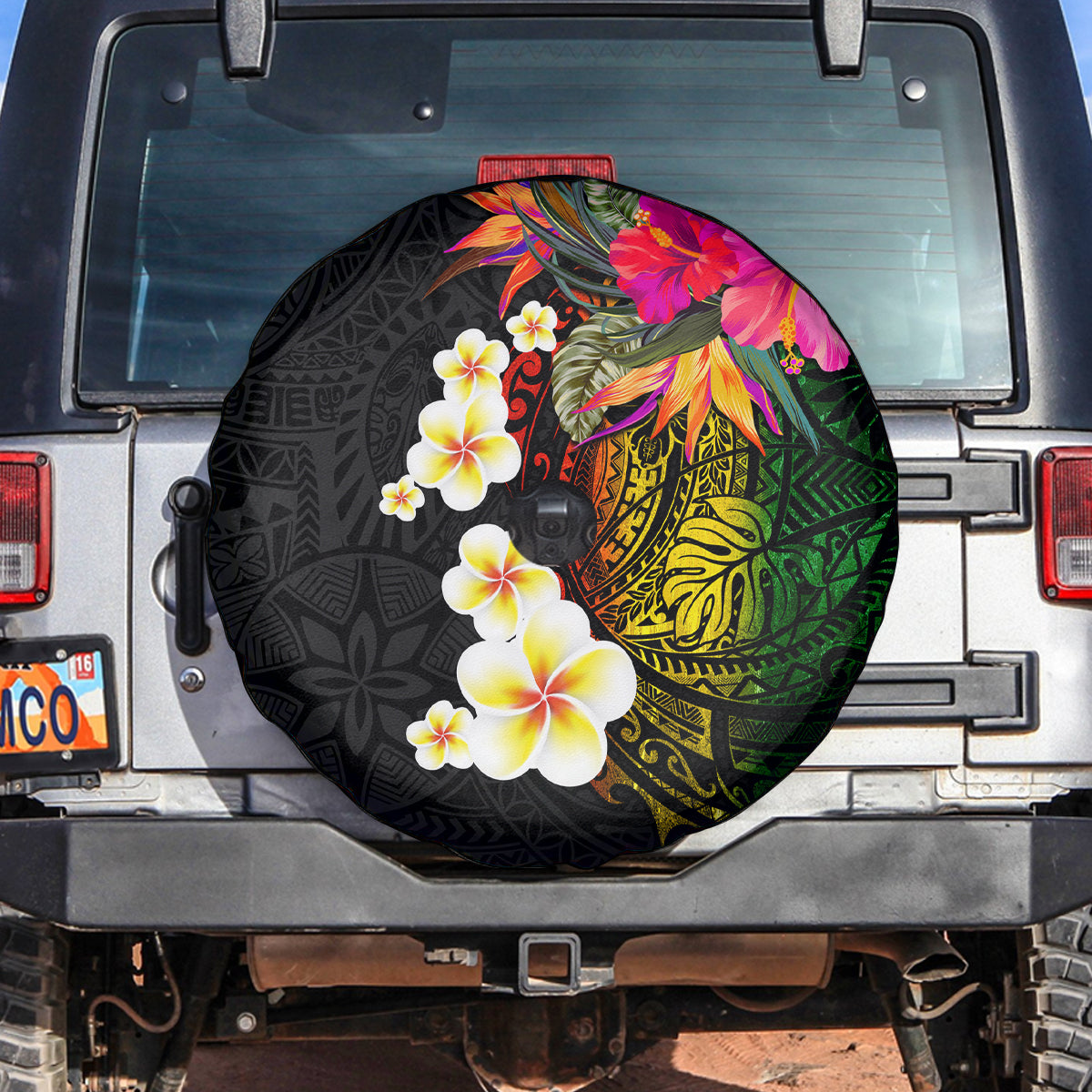 Hawaii Plumeria Spare Tire Cover Polynesian Tattoo and Hibiscus LT03 Black - Polynesian Pride