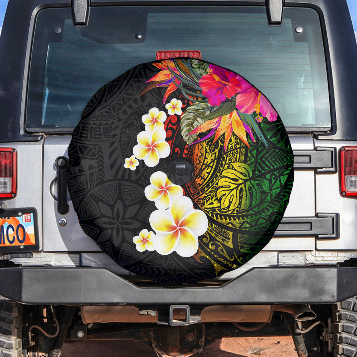 Hawaii Plumeria Spare Tire Cover Polynesian Tattoo and Hibiscus