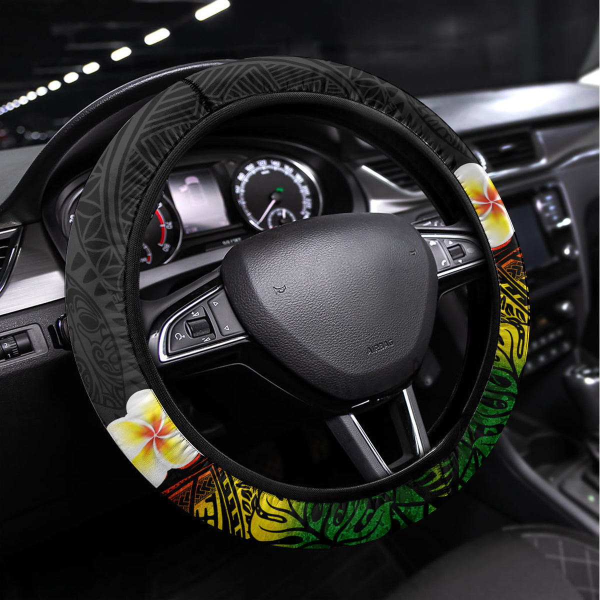 Hawaii Plumeria Steering Wheel Cover Polynesian Tattoo and Hibiscus LT03 Universal Fit Black - Polynesian Pride
