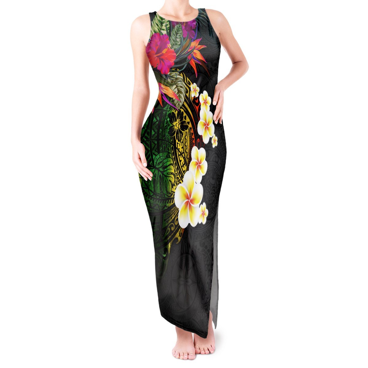 Hawaii Plumeria Tank Maxi Dress Polynesian Tattoo and Hibiscus LT03 Women Black - Polynesian Pride