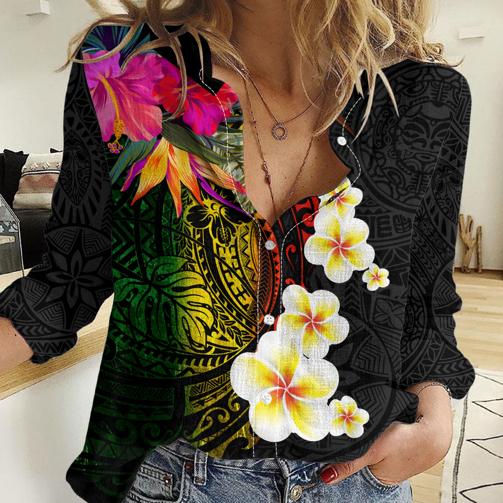 Hawaii Plumeria Women Casual Shirt Polynesian Tattoo and Hibiscus