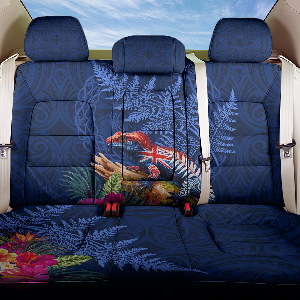 New Zealand Tuatara Back Car Seat Cover Silver Fern Hibiscus and Tribal Maori Pattern Blue Color