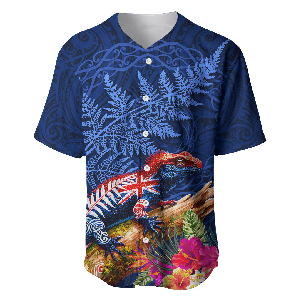 New Zealand Tuatara Baseball Jersey Silver Fern Hibiscus and Tribal Maori Pattern Blue Color LT03 Blue - Polynesian Pride