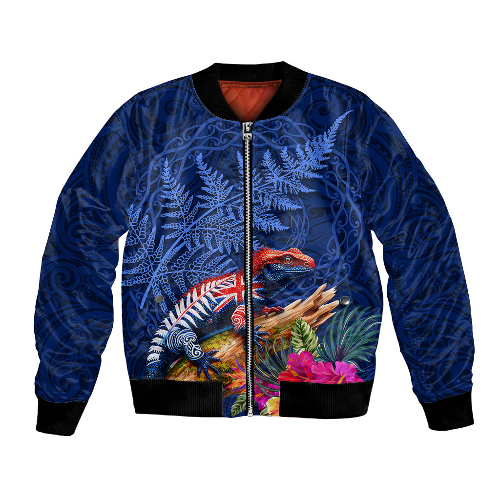 New Zealand Tuatara Bomber Jacket Silver Fern Hibiscus and Tribal Maori Pattern Blue Color