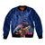 New Zealand Tuatara Bomber Jacket Silver Fern Hibiscus and Tribal Maori Pattern Blue Color