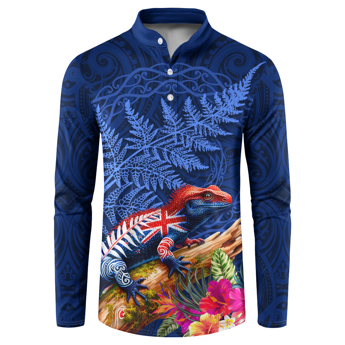 New Zealand Tuatara Button Sweatshirt Silver Fern Hibiscus and Tribal Maori Pattern Blue Color