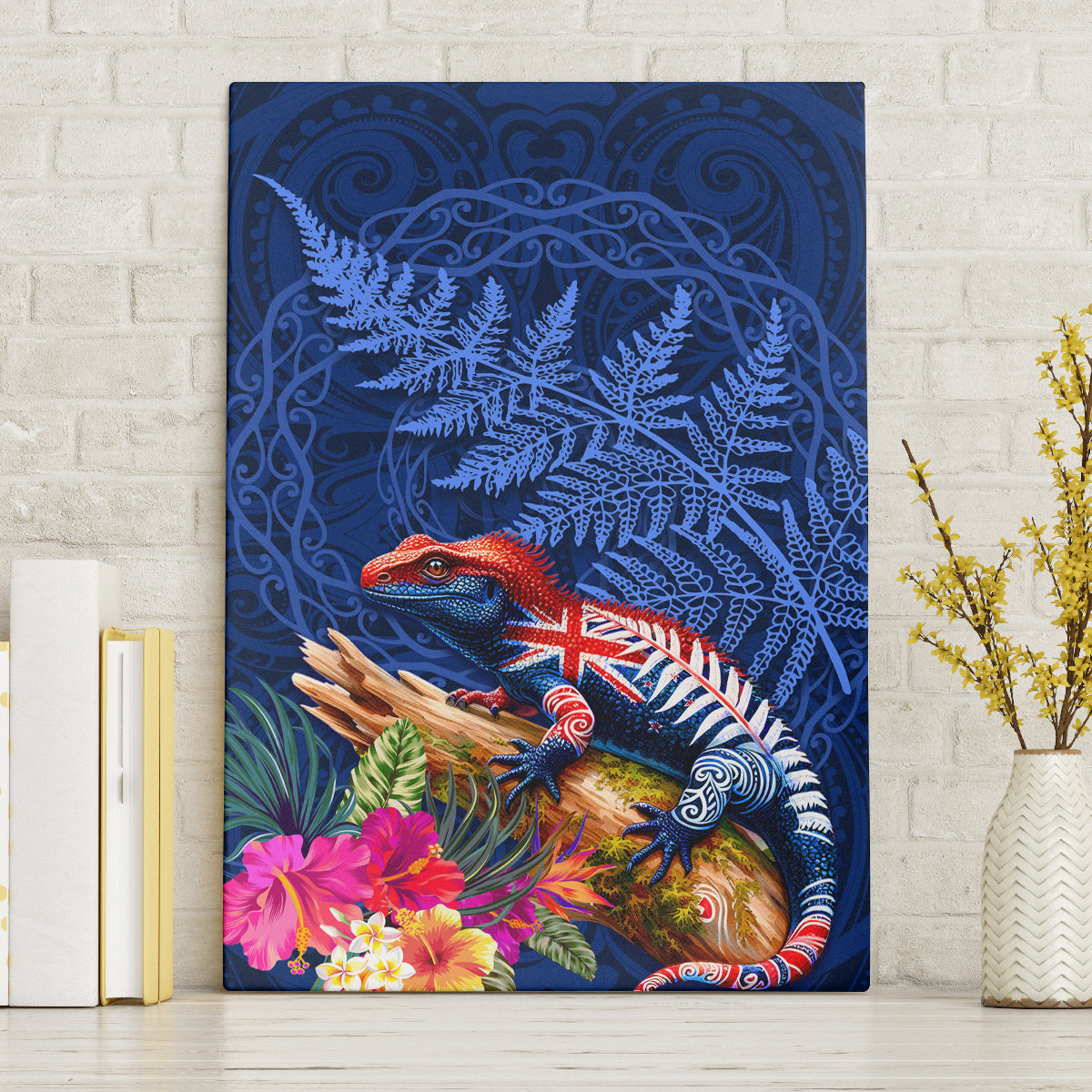 New Zealand Tuatara Canvas Wall Art Silver Fern Hibiscus and Tribal Maori Pattern Blue Color