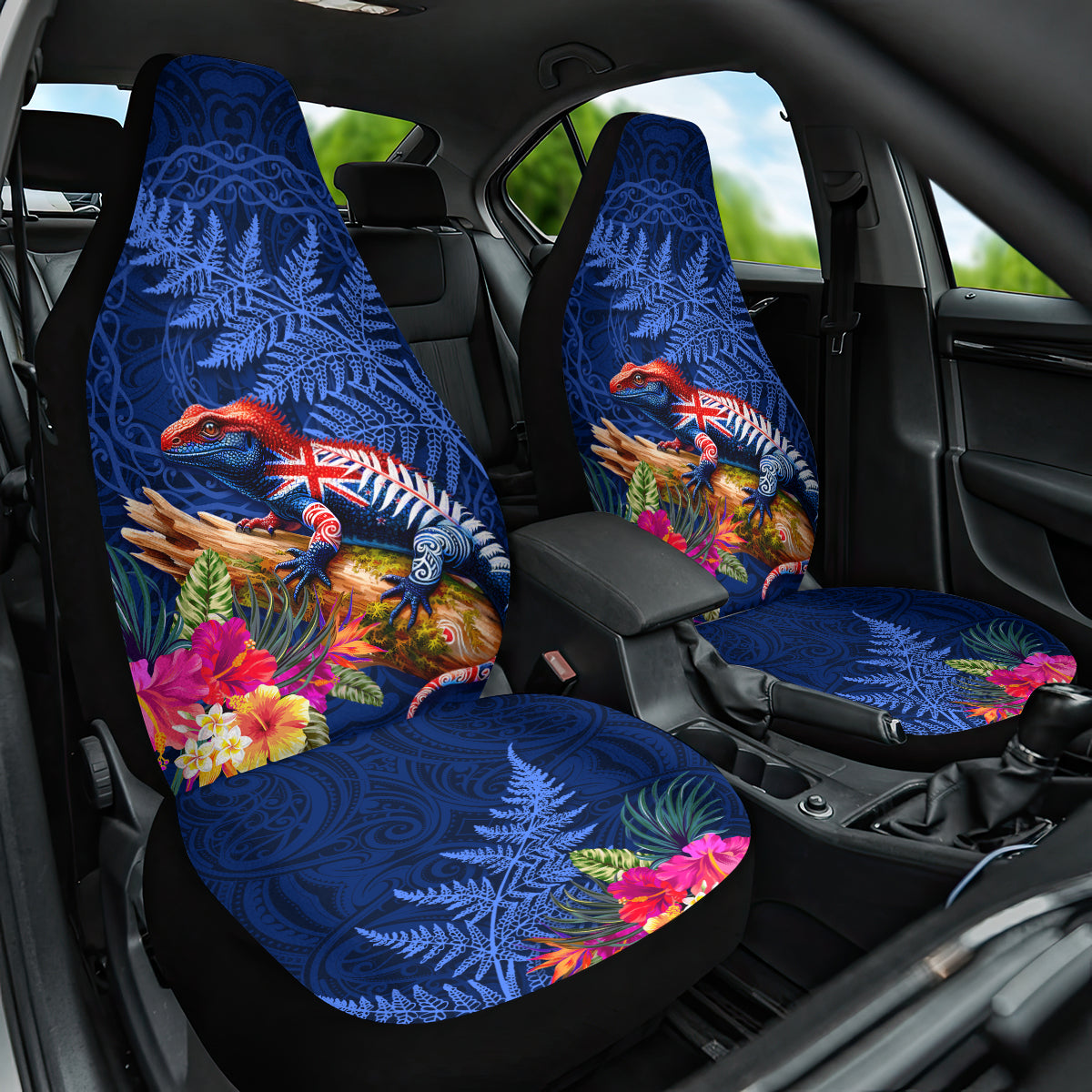 New Zealand Tuatara Car Seat Cover Silver Fern Hibiscus and Tribal Maori Pattern Blue Color