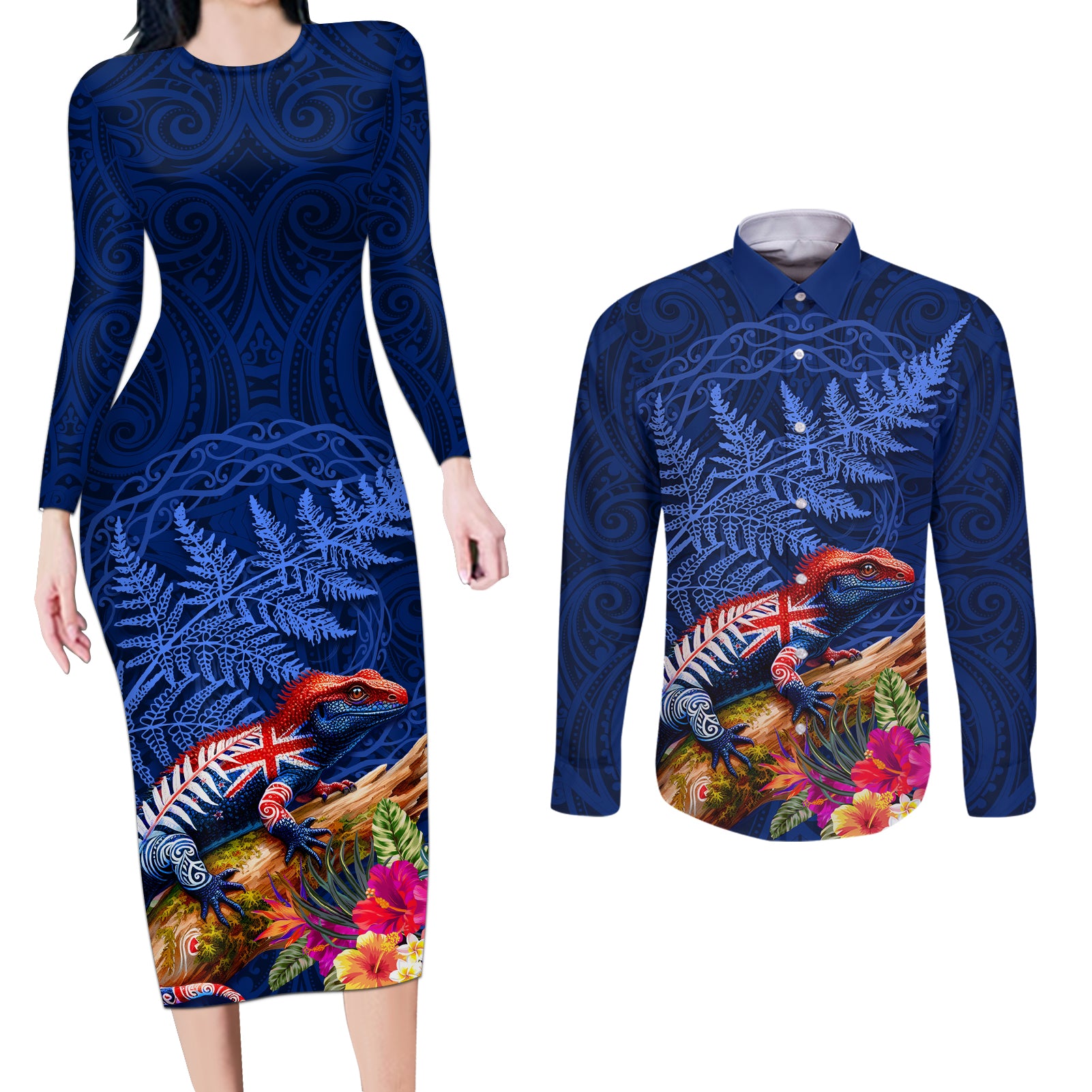 New Zealand Tuatara Couples Matching Long Sleeve Bodycon Dress and Long Sleeve Button Shirt Silver Fern Hibiscus and Tribal Maori Pattern Blue Color