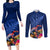 New Zealand Tuatara Couples Matching Long Sleeve Bodycon Dress and Long Sleeve Button Shirt Silver Fern Hibiscus and Tribal Maori Pattern Blue Color