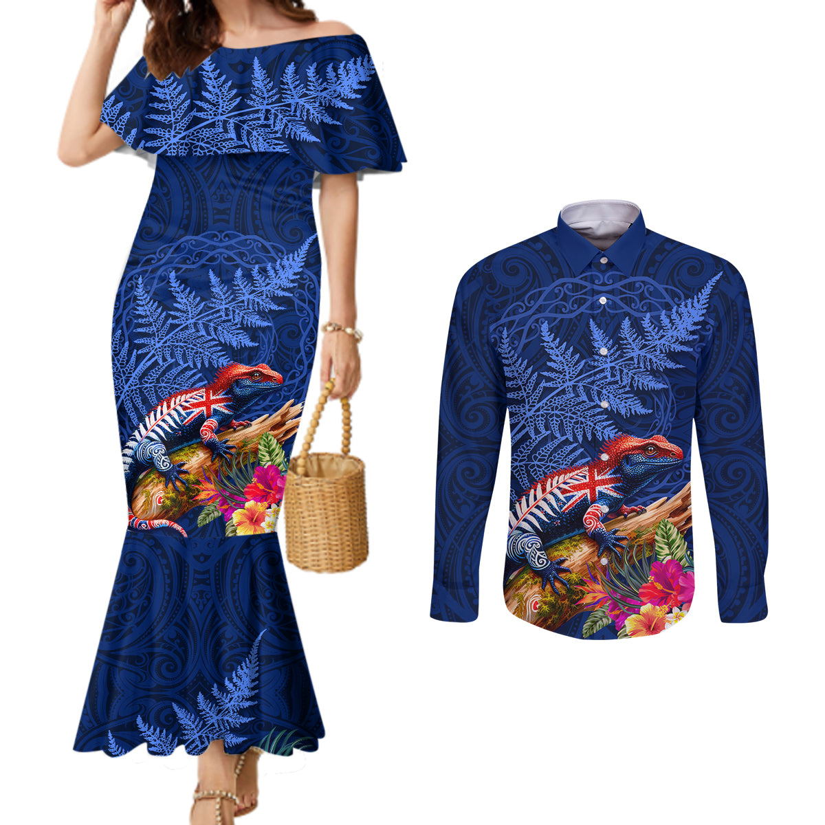 New Zealand Tuatara Couples Matching Mermaid Dress and Long Sleeve Button Shirt Silver Fern Hibiscus and Tribal Maori Pattern Blue Color