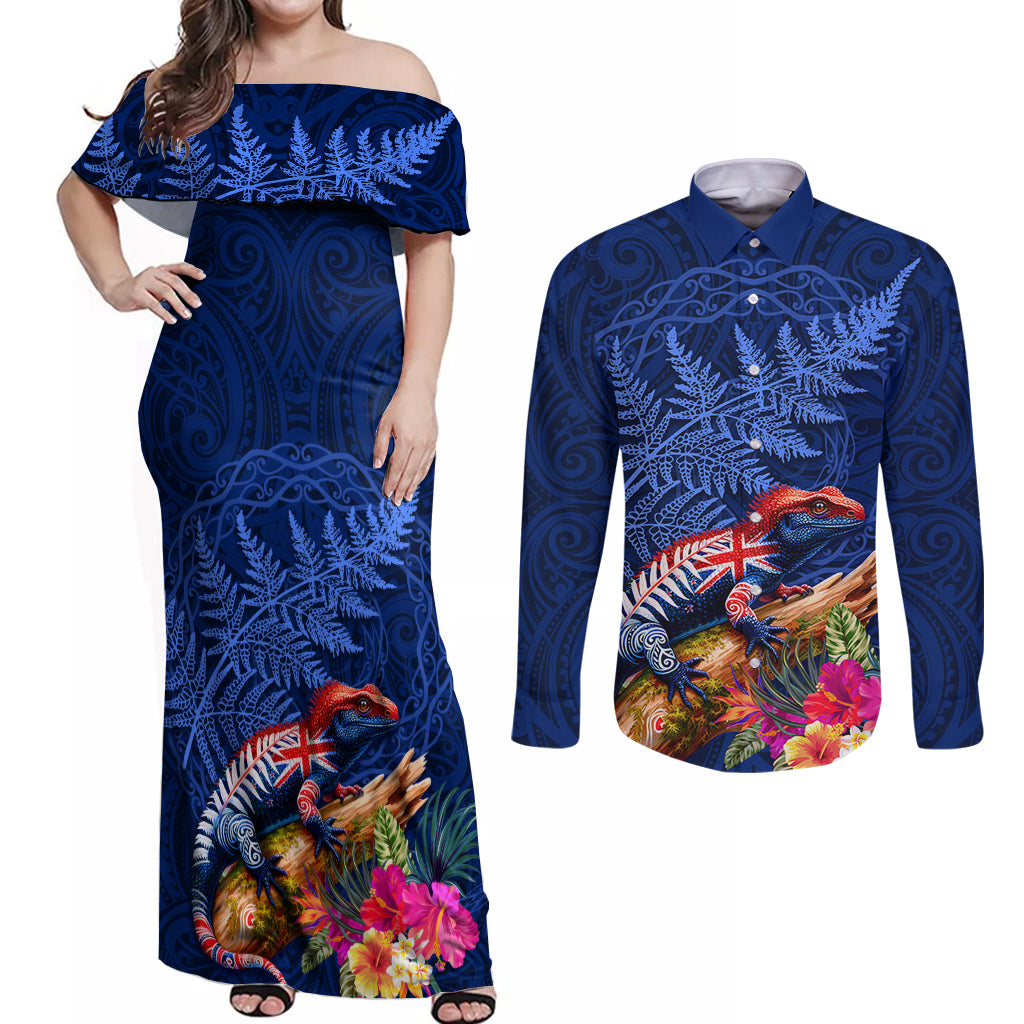 New Zealand Tuatara Couples Matching Off Shoulder Maxi Dress and Long Sleeve Button Shirt Silver Fern Hibiscus and Tribal Maori Pattern Blue Color