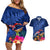 New Zealand Tuatara Couples Matching Off Shoulder Short Dress and Hawaiian Shirt Silver Fern Hibiscus and Tribal Maori Pattern Blue Color