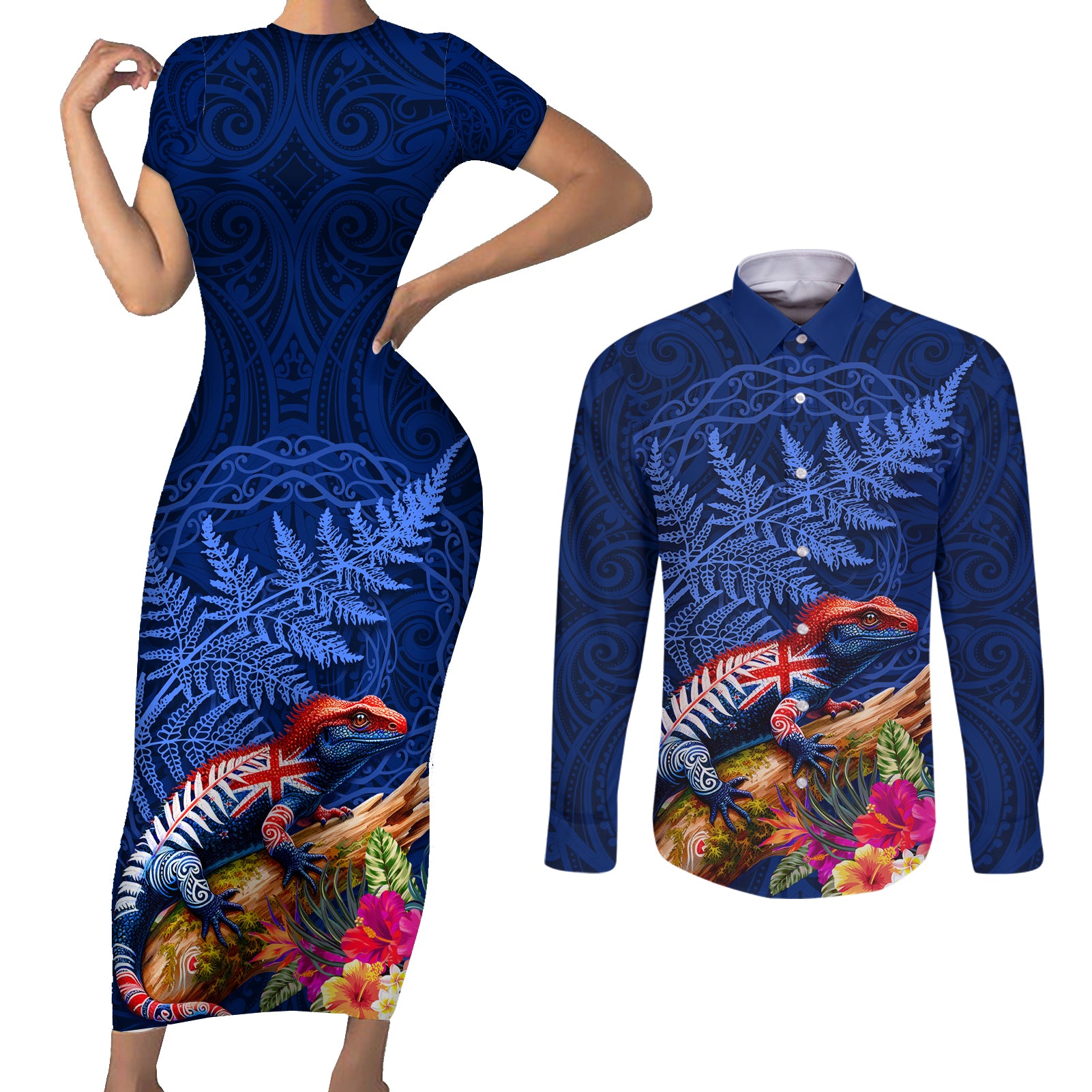 New Zealand Tuatara Couples Matching Short Sleeve Bodycon Dress and Long Sleeve Button Shirt Silver Fern Hibiscus and Tribal Maori Pattern Blue Color