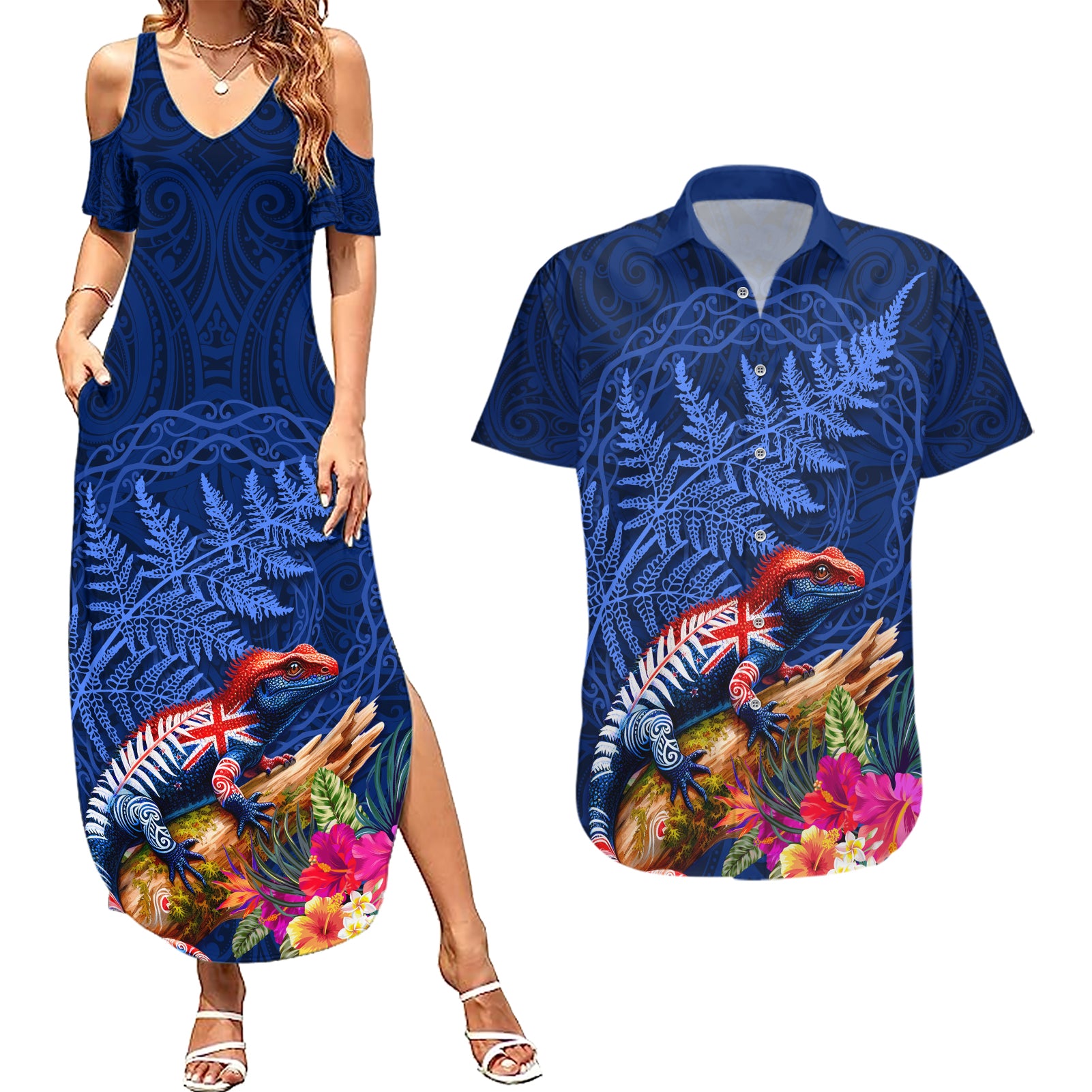 New Zealand Tuatara Couples Matching Summer Maxi Dress and Hawaiian Shirt Silver Fern Hibiscus and Tribal Maori Pattern Blue Color