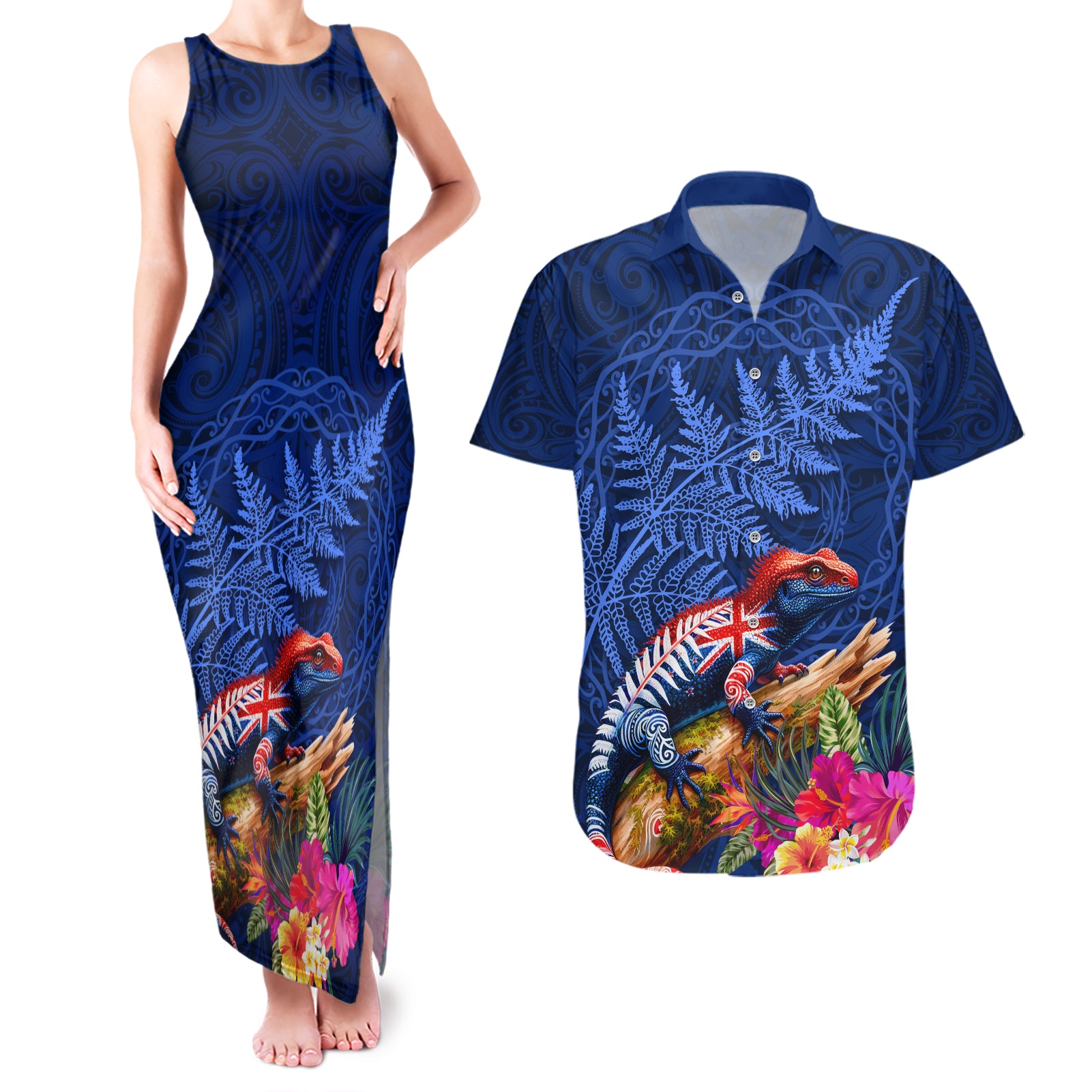 New Zealand Tuatara Couples Matching Tank Maxi Dress and Hawaiian Shirt Silver Fern Hibiscus and Tribal Maori Pattern Blue Color