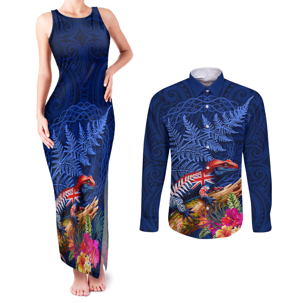 New Zealand Tuatara Couples Matching Tank Maxi Dress and Long Sleeve Button Shirt Silver Fern Hibiscus and Tribal Maori Pattern Blue Color