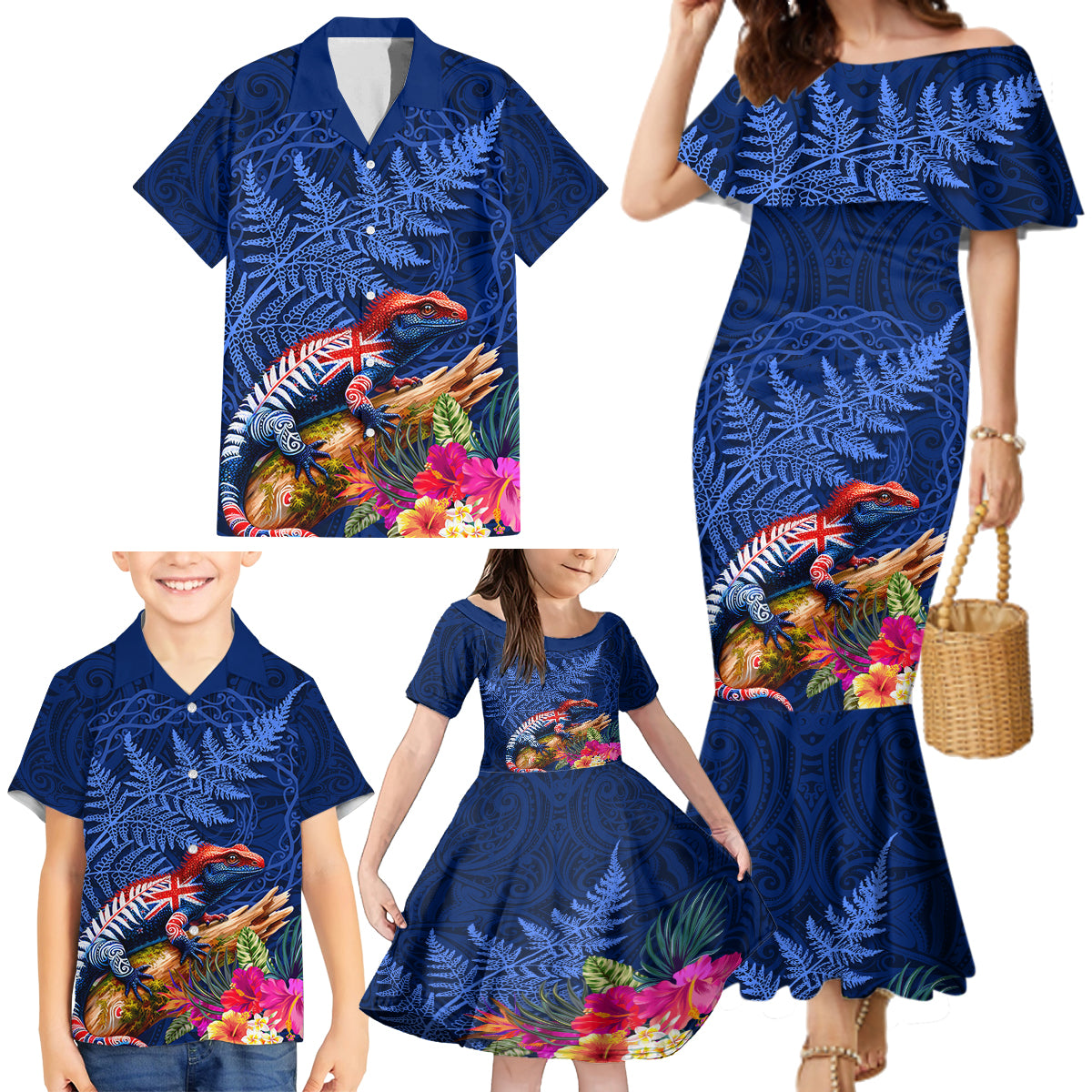 New Zealand Tuatara Family Matching Mermaid Dress and Hawaiian Shirt Silver Fern Hibiscus and Tribal Maori Pattern Blue Color