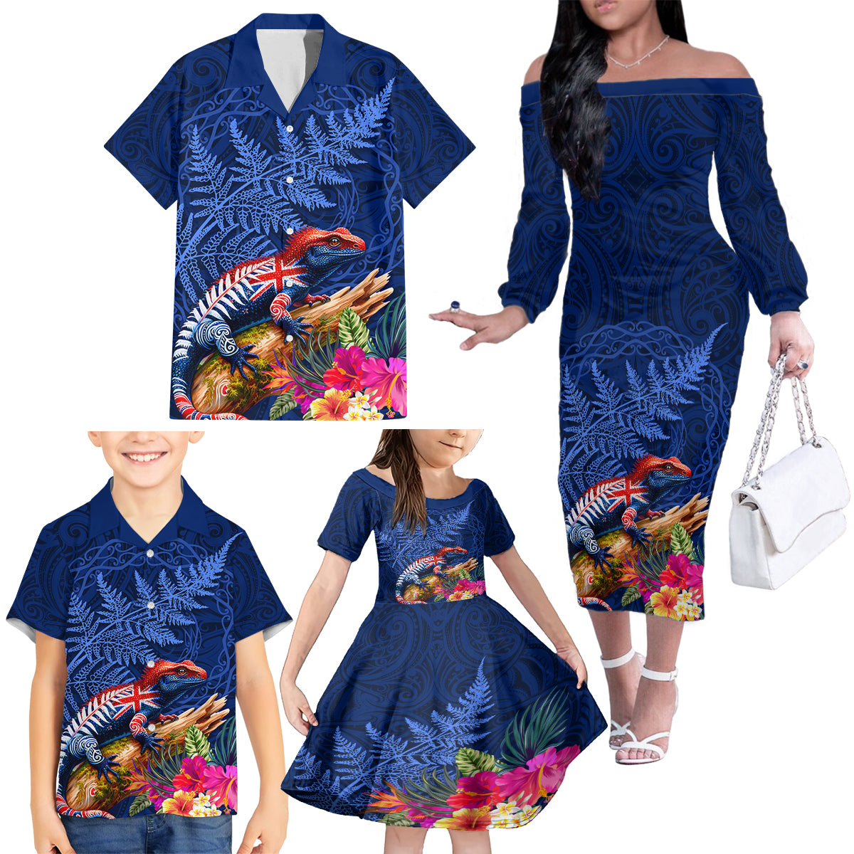 New Zealand Tuatara Family Matching Off The Shoulder Long Sleeve Dress and Hawaiian Shirt Silver Fern Hibiscus and Tribal Maori Pattern Blue Color