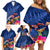 New Zealand Tuatara Family Matching Off Shoulder Short Dress and Hawaiian Shirt Silver Fern Hibiscus and Tribal Maori Pattern Blue Color