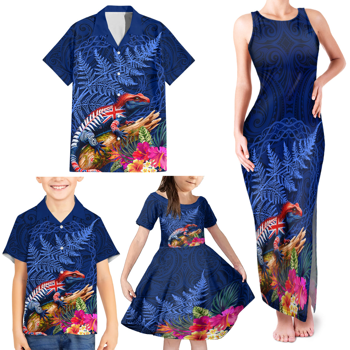 New Zealand Tuatara Family Matching Tank Maxi Dress and Hawaiian Shirt Silver Fern Hibiscus and Tribal Maori Pattern Blue Color