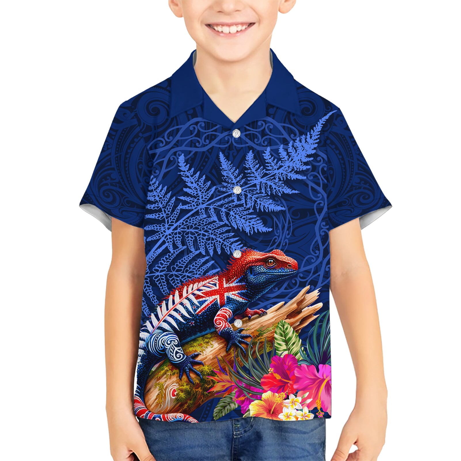 New Zealand Tuatara Kid Hawaiian Shirt Silver Fern Hibiscus and Tribal Maori Pattern Blue Color