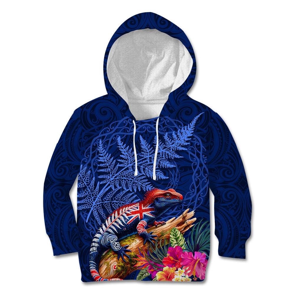 New Zealand Tuatara Kid Hoodie Silver Fern Hibiscus and Tribal Maori Pattern Blue Color