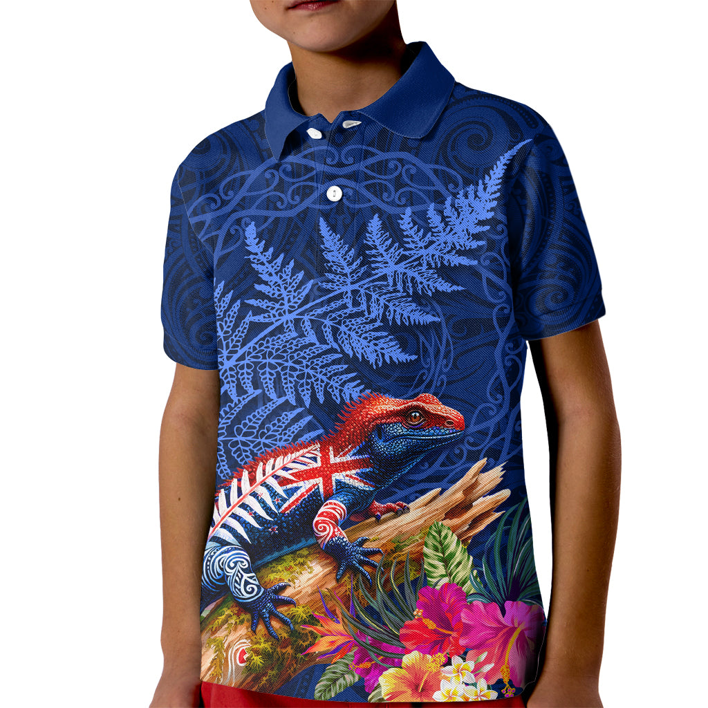 New Zealand Tuatara Kid Polo Shirt Silver Fern Hibiscus and Tribal Maori Pattern Blue Color