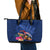 New Zealand Tuatara Leather Tote Bag Silver Fern Hibiscus and Tribal Maori Pattern Blue Color