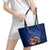 New Zealand Tuatara Leather Tote Bag Silver Fern Hibiscus and Tribal Maori Pattern Blue Color